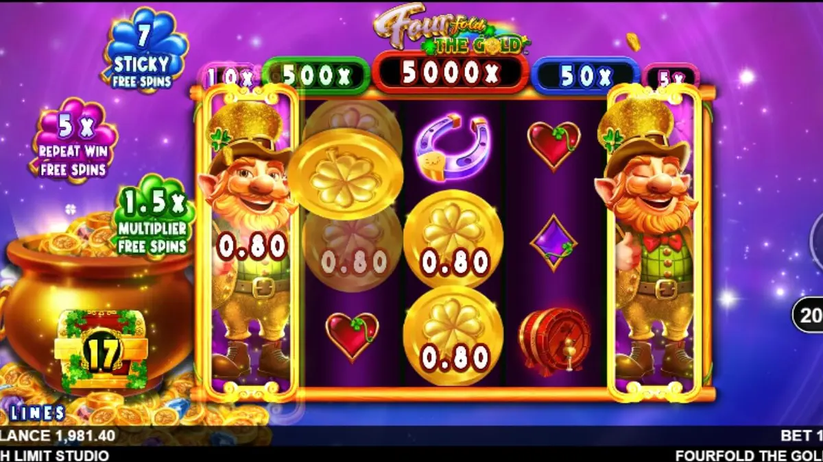 Tampilan visual slot Fourfold the Gold dengan tema luar angkasa dan leprechaun