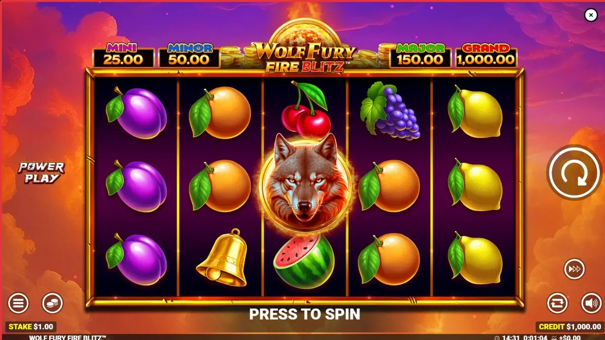 Tampilan visual slot Wolf Fury Fire Blitz dengan simbol buah dan serigala yang membara